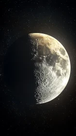 Half-illuminated lunar surface glowing in star-filled void.