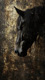 Black horse profile against distressed golden textured wall.