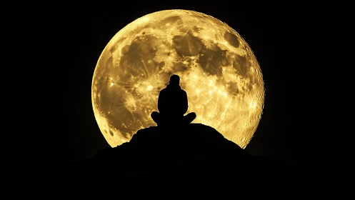 Silhouetted figure meditates against an enlarged golden full moon