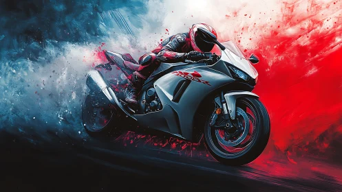 Throttle-bent rider carving fire and ice on silver steel.