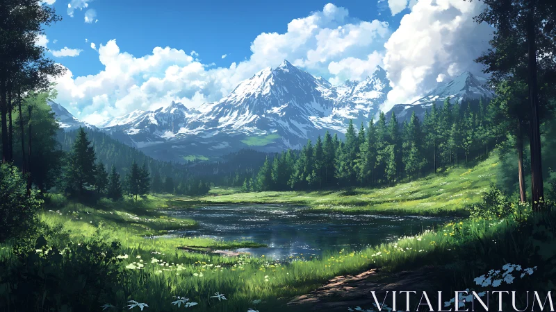 Snow-capped mountain range above forested lake landscape.