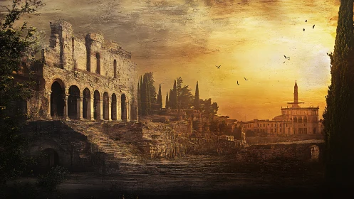 Sunlit Roman ruins with colonnades under textured sunset sky