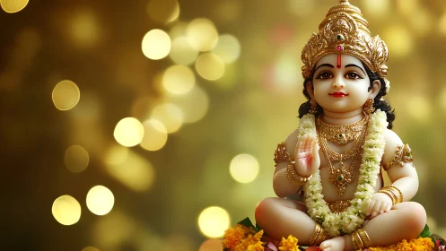 Golden baby deity amid soft lights and festive blooms.