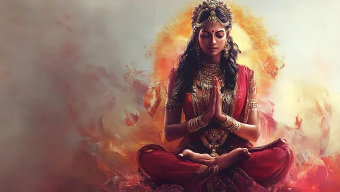 Ornate meditative deity rendered with warm radial light aura
