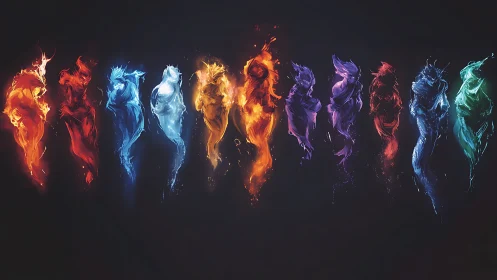 Elemental spectral figures in flowing neon fire forms.