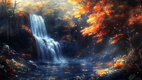Waterfall descends into forest pool amid autumn foliage