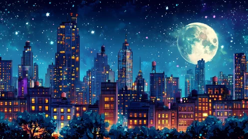 Night city skyline shows tall lit buildings under full moon