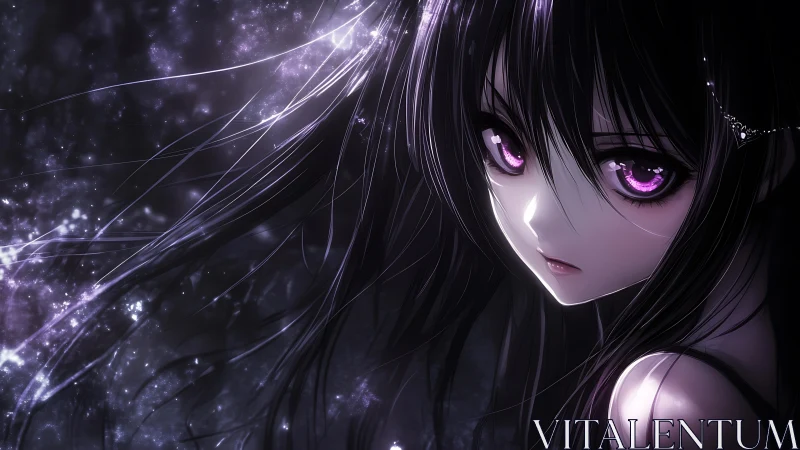 Dark-haired anime girl with luminous violet eyes in starlit haze