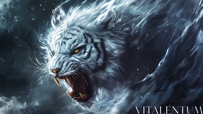 Storm-forged white tiger materializing from turbulent waves