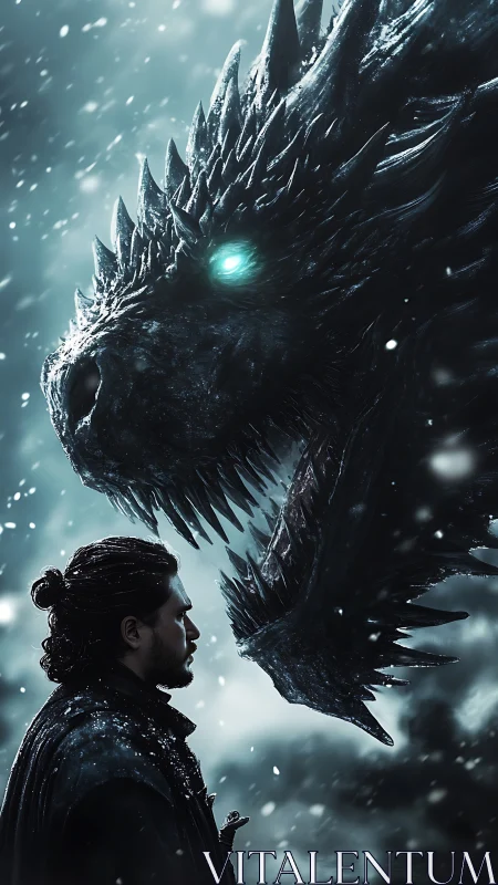 Stormlit warrior meets icy dragon in a quiet standoff.