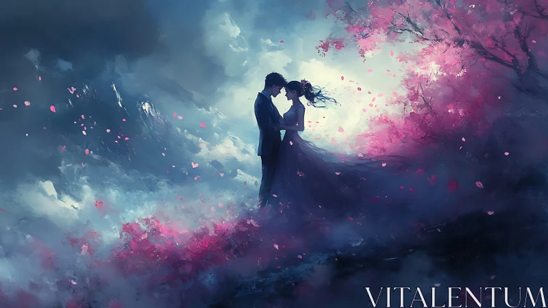 Couple kissing amid pink cherry blossoms and mountain landscape