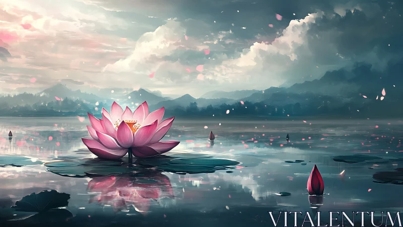 Lotus blossom rendered with atmospheric depth and reflective water