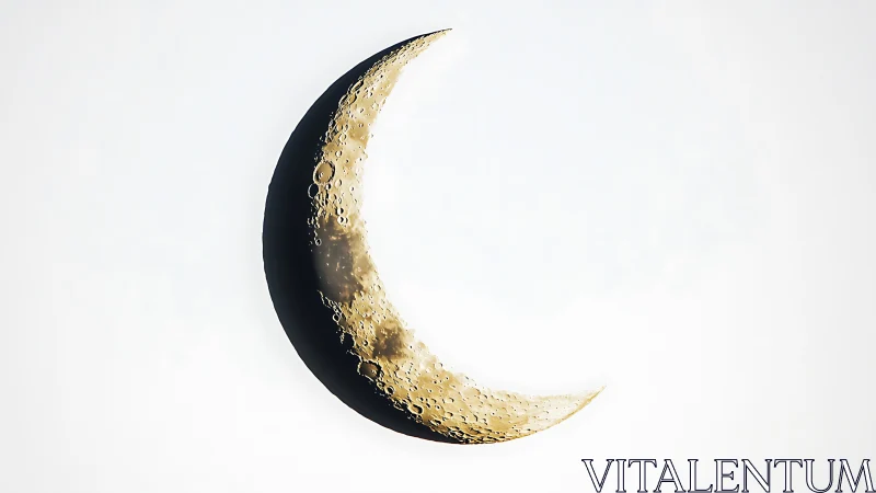 Crescent moon close-up with golden cratered surface detail.