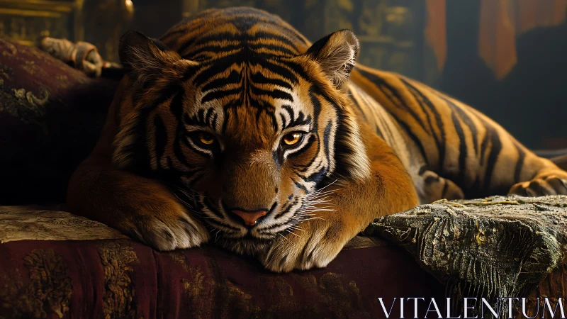 Low-key lit tiger resting on ornate fabric with shallow depth