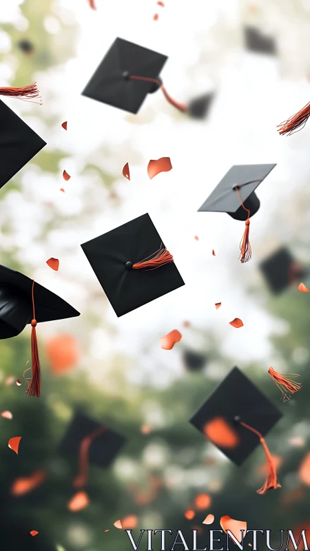 Joyful caps in flight over a sunlit graduation garden.