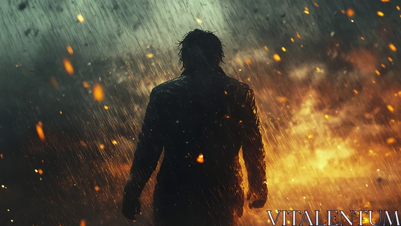 Digital painting of lone figure in rain against inferno backdrop.