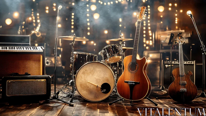 Warm stage with acoustic bass, drum kit and vintage keys ready