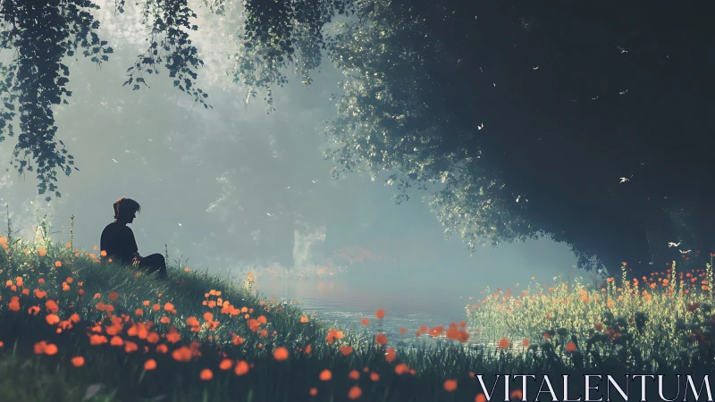 Solitary figure beside misty river amid glowing wildflowers.