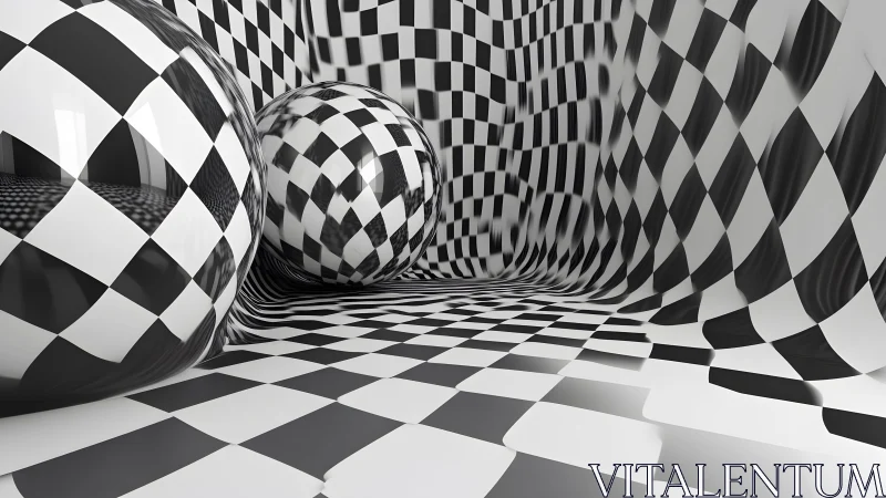 Curved checkerboard environment with reflective spheres demonstrating UV distortion