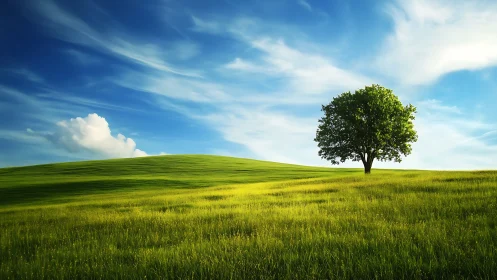 Solitary hilltop tree quietly conducts the rolling green light