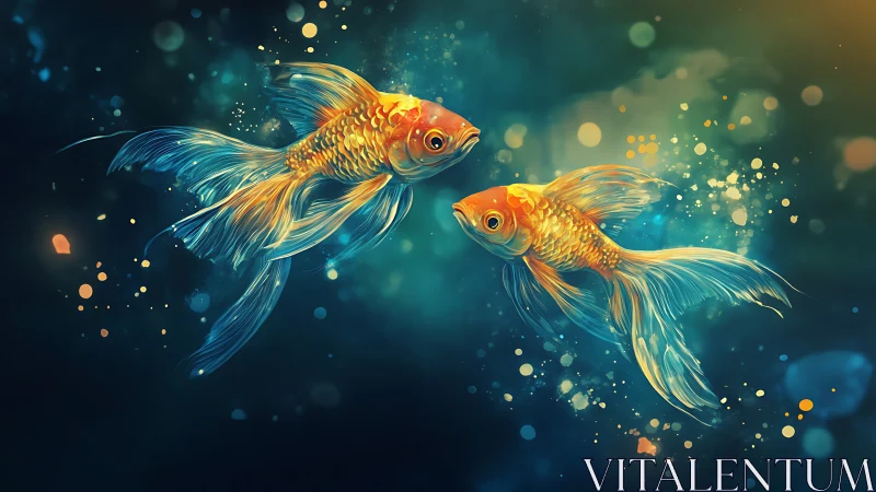Glowing goldfish glide through a dreamy, sparkling ocean.