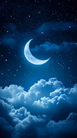 Crescent moon glows softly above luminous midnight clouds