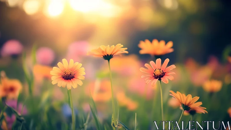 Golden Gerbera Daisies Bathed in Warm Sunset Glow
