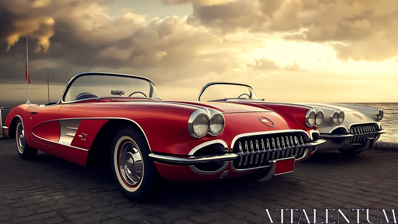 Classic red convertibles line coastal promenade at sunset
