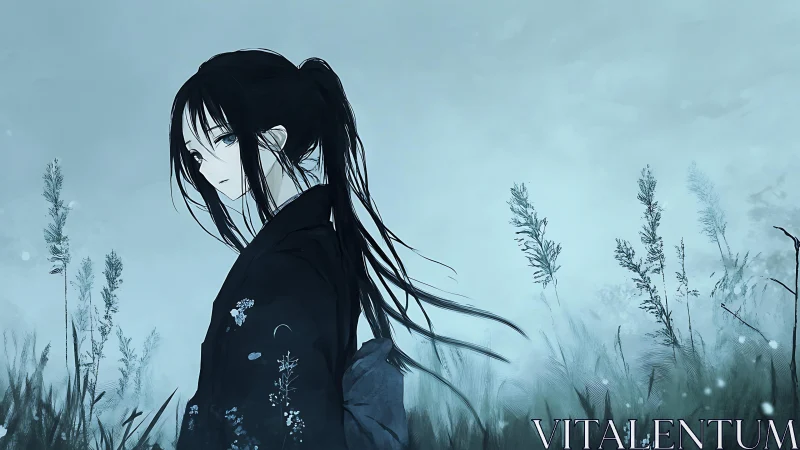 Mistbound girl wandering through bluegrass quietude.