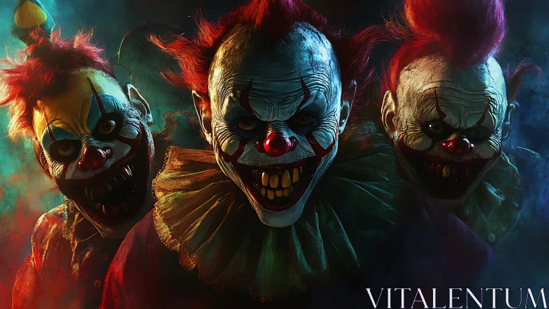 Grim trio of sinister clowns in saturated colored light.