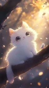 White longhaired kitten sits on tree branch in soft light
