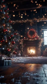 Cozy cabin living room with Christmas tree and fireplace.