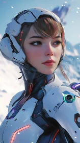 Female android soldier stands in snowy sci-fi landscape