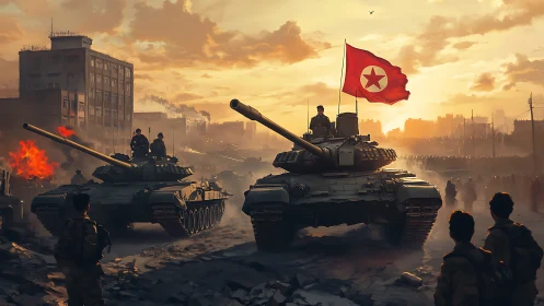 North Korean tanks advance through ruined urban streets.