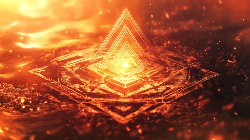Glowing Pyramid Structure Against Fiery Golden Background.