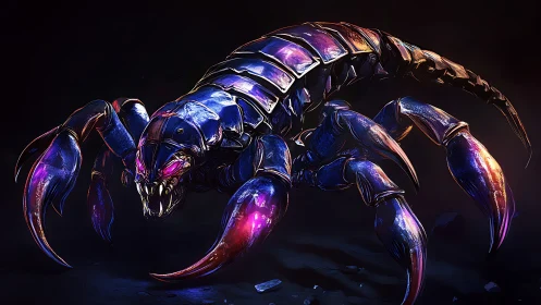 Neon-armored cybernetic scorpion in dynamic low-key composition.