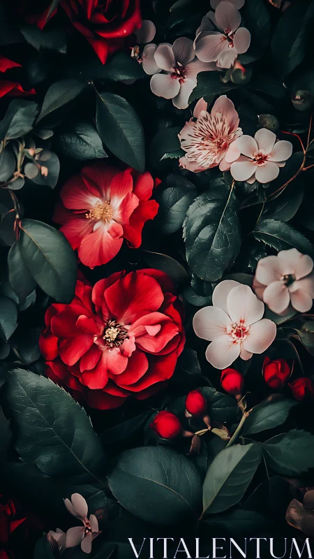 Red and Blush Roses Dancing in Moody Garden Light.