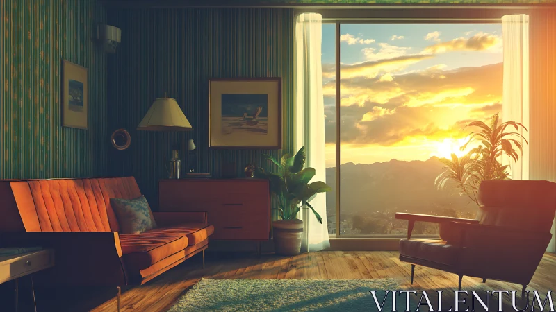 Golden sunset pours into a cozy retro living room retreat