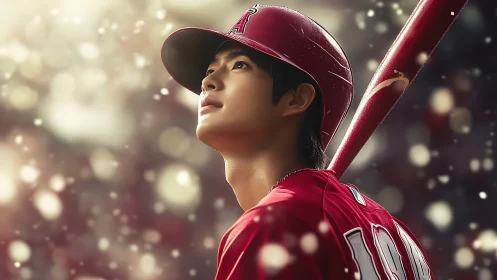 Hopeful ballplayer looking skyward beneath glowing lights.