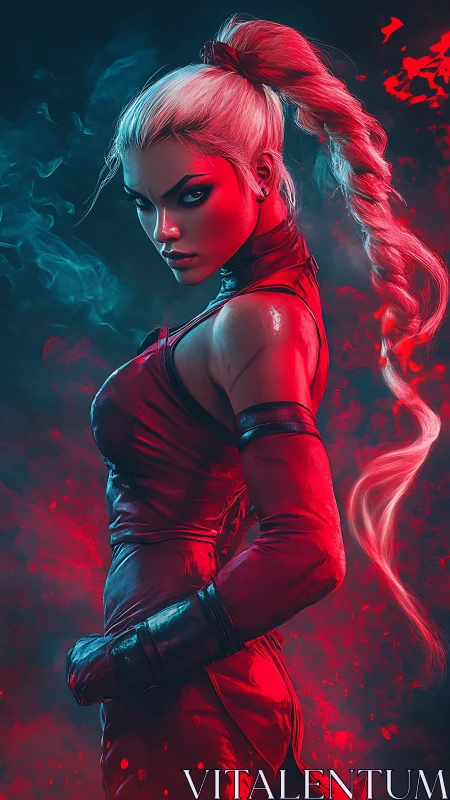 Fierce warrior in red stands ready within glowing smoke