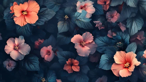 Coral Hibiscus Garden Against Dark Teal Foliage.