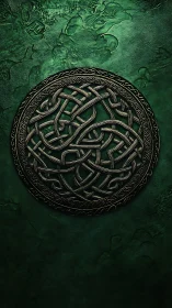 Circular Celtic knot emblem on textured green background.