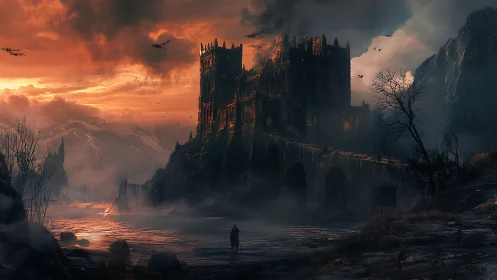 Gothic fortress at dusk in atmospheric concept art landscape.