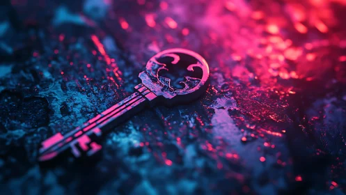 Neon lit ornate metal key on wet textured concrete surface
