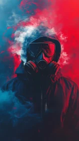 Gas mask figure in bifurcated neon fog and hooded silhouette.