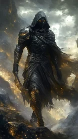 Hooded armored figure with blade in volcanic landscape.