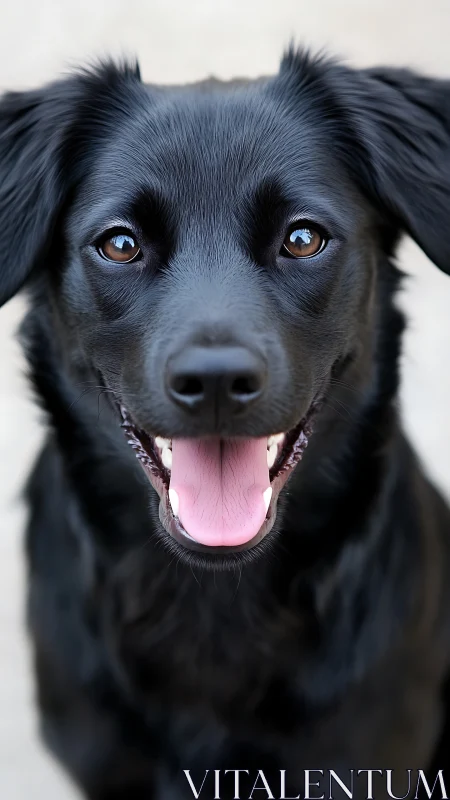 Close frontal portrait of black dog with open mouth.