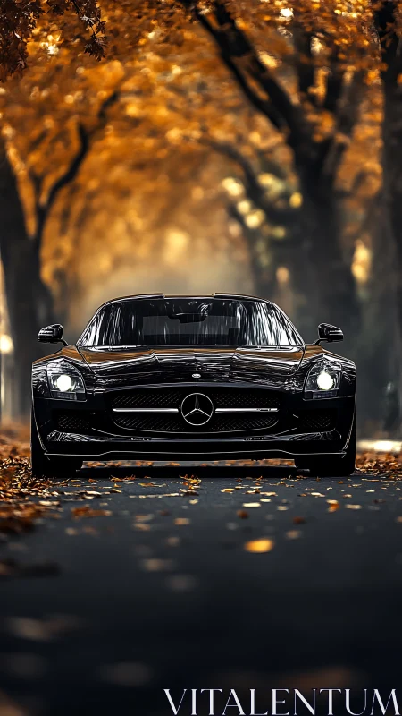 Sleek black sports car gliding through a golden autumn tunnel.