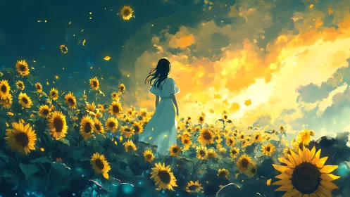 Figure stands in dense sunflower field under luminous sky