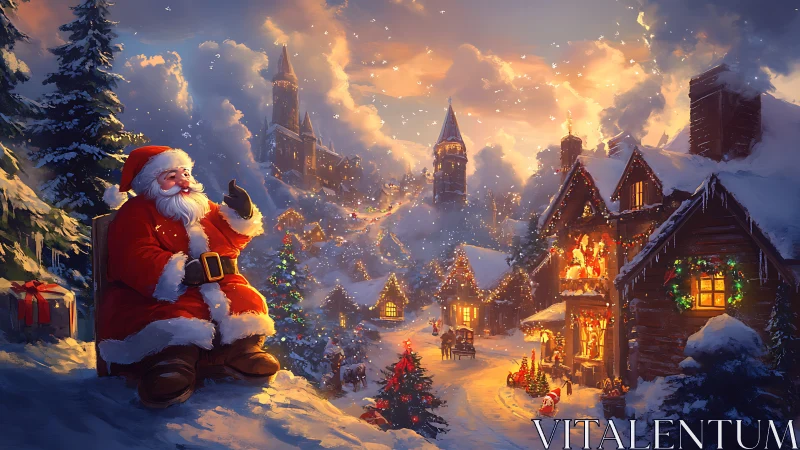 Santa figure in illuminated snowy village at dusk scene.
